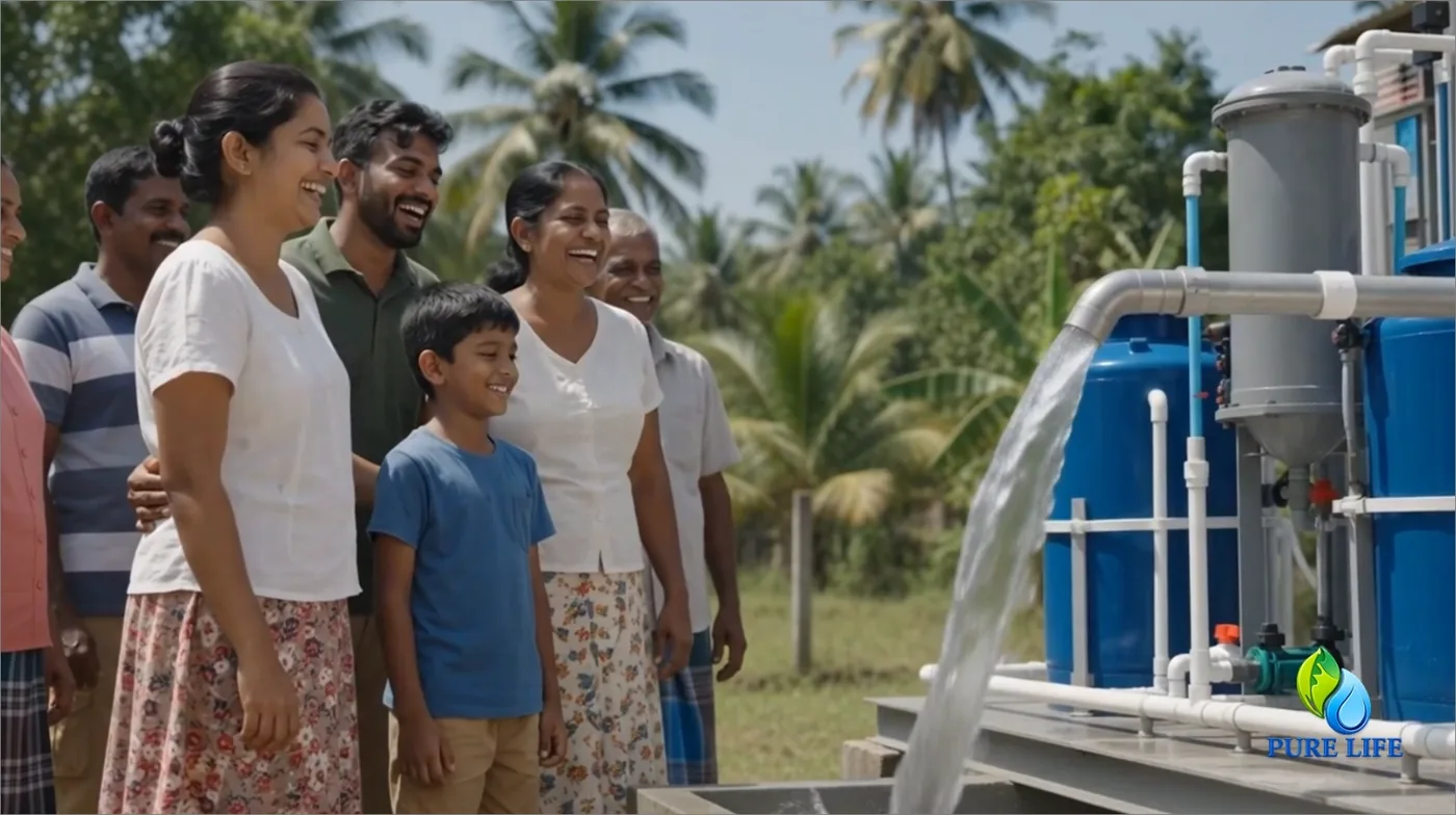 A community gathered around a water treatment unit